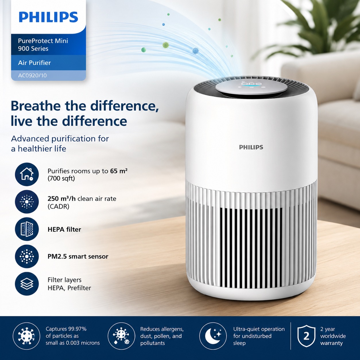 Philips PureProtect Mini 900 Series AC0920/10 Air Purifier for Home & Bedroom - Thumbnail 2