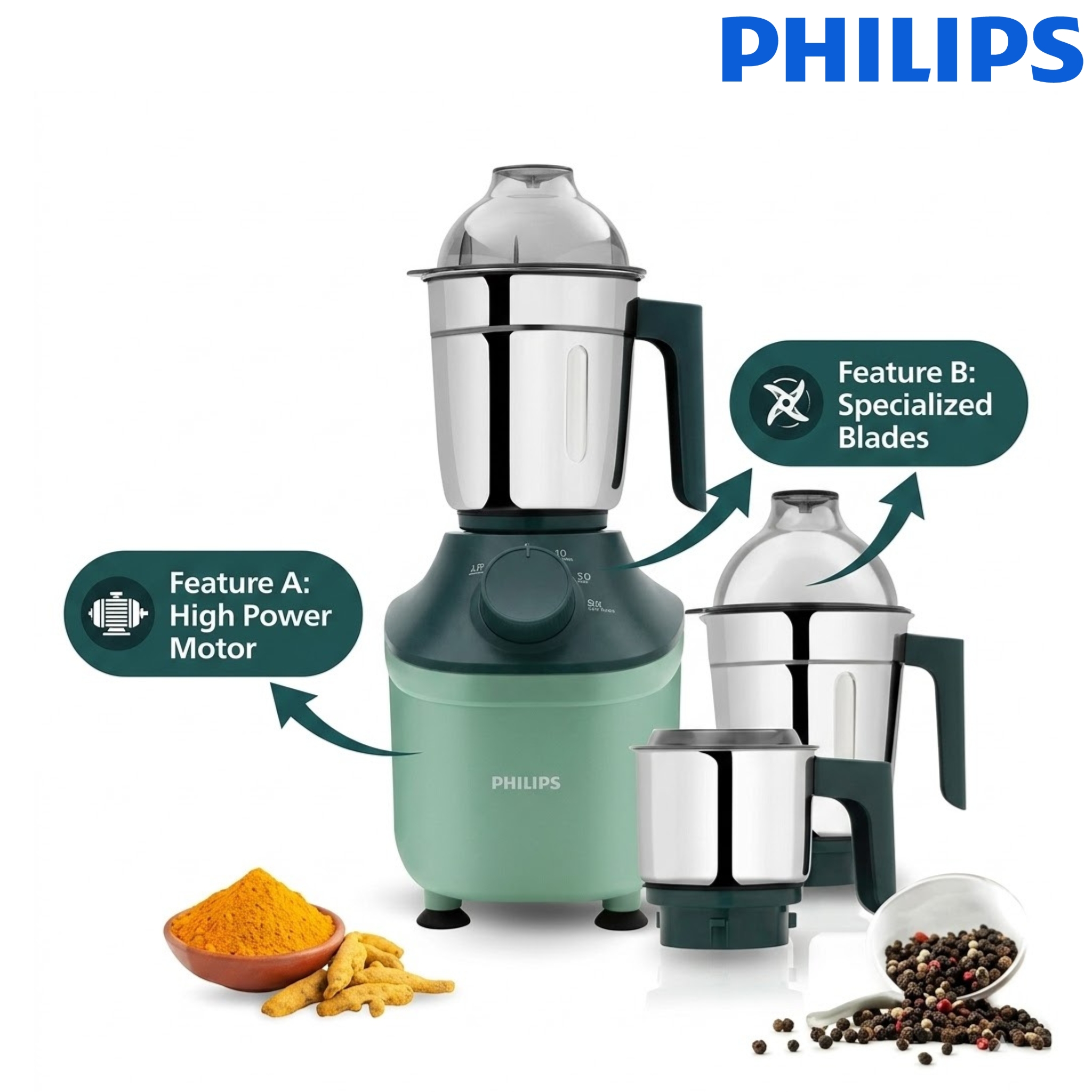 Philips HL7773/02 Mixer Grinder 800W | 3 Stainless Steel Jars | MicroGrind Technology | Green - Thumbnail 8