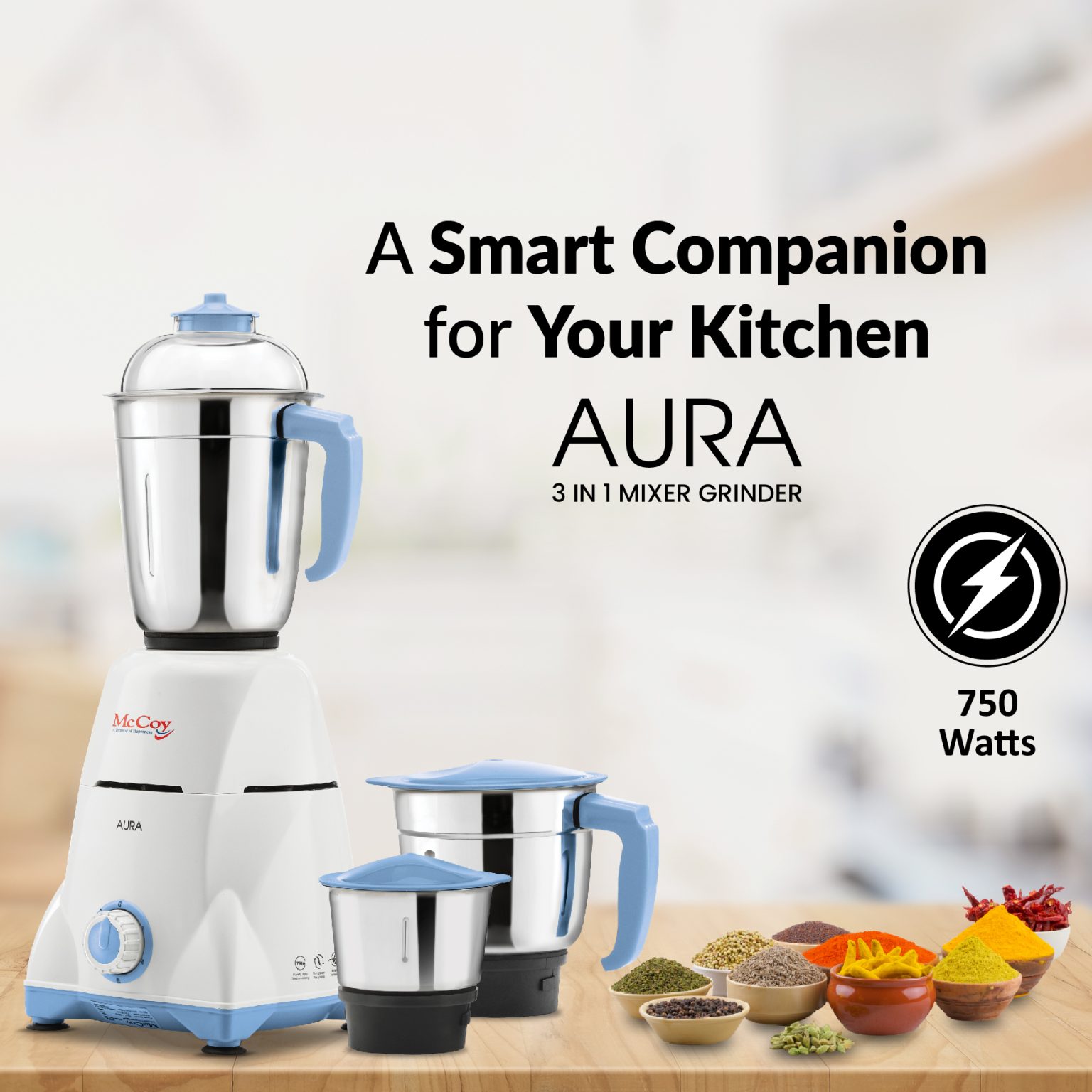 McCoy Aura 750W 3 Jars Mixer Grinder - Thumbnail 4
