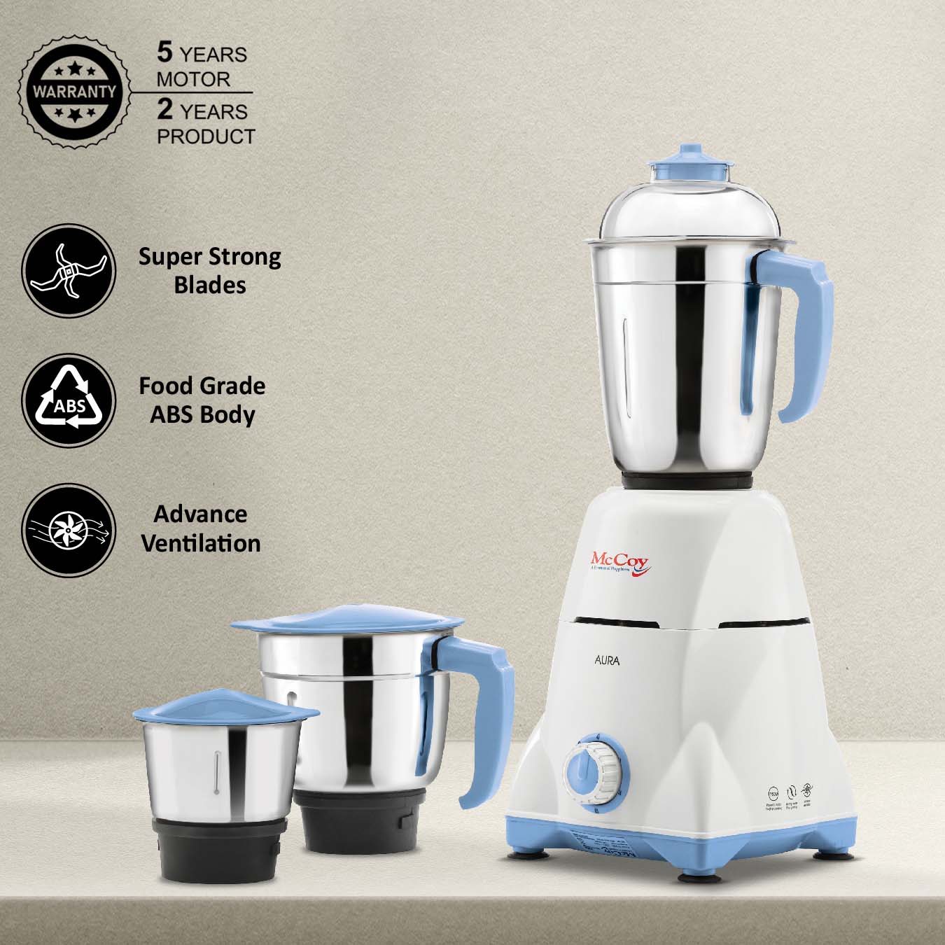 McCoy Aura 750W 3 Jars Mixer Grinder - Thumbnail 5