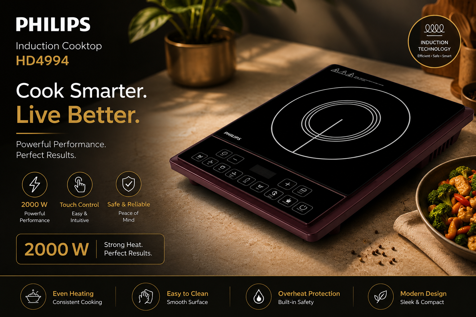 PHILIPS HD4994 2000W Induction Cooktop Push Button (Maroon) - Thumbnail 3