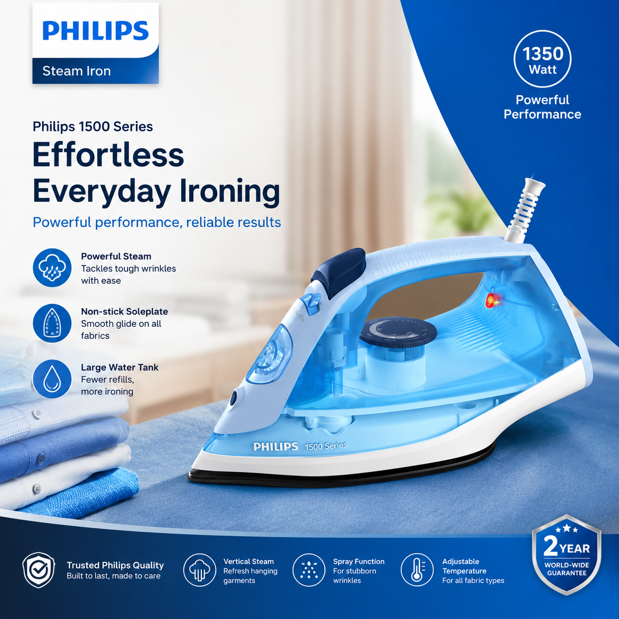 Philips Steam Iron DST1510/20 |  1350Watts | Ceramic Soleplate | 180g Steam Boost | Continuous Steam | Fast Heat Up | Drip Stop | Lightweight | Blue - Thumbnail 6
