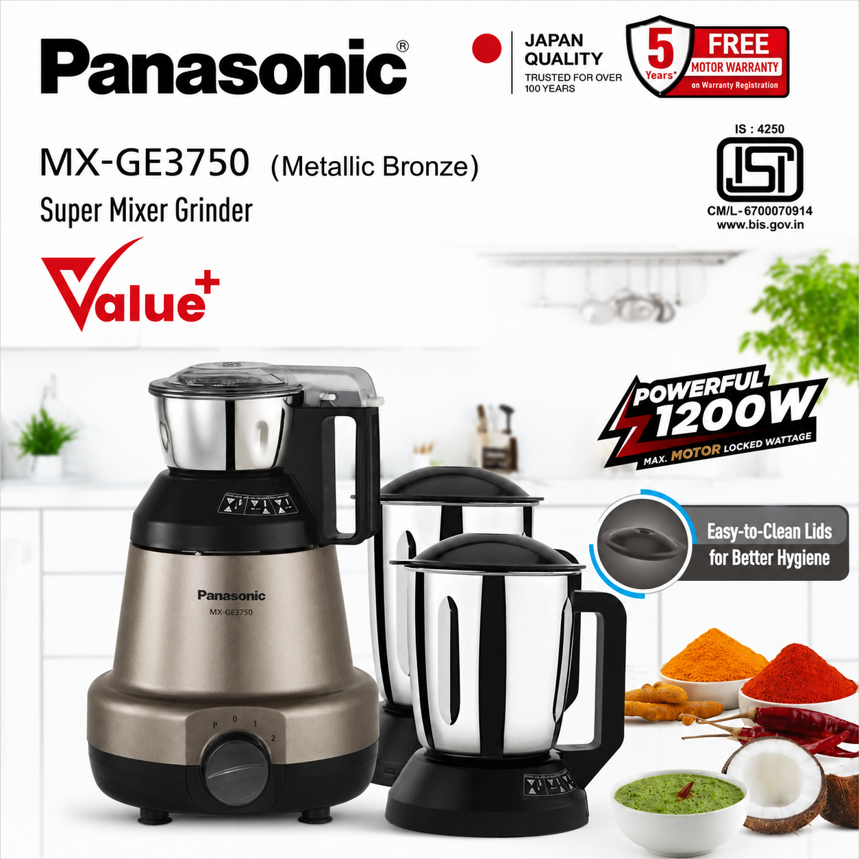 Panasonic MX-GE3750 (Metallic Bronze) Super Mixer Grinder - Thumbnail 2