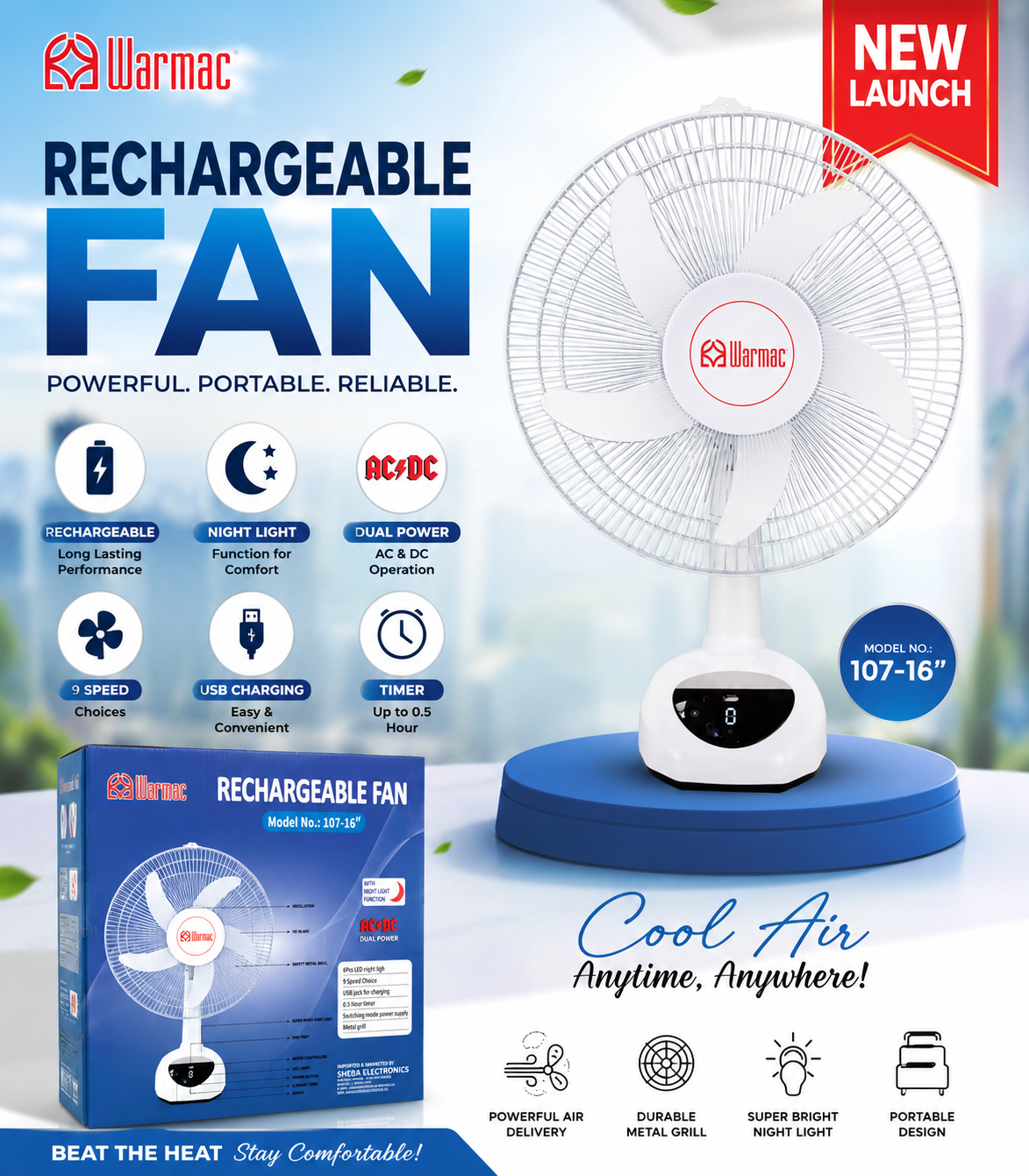 WARMAC Rechargeable Fan Model 106-16” Inch AC/DC Power - Thumbnail 5