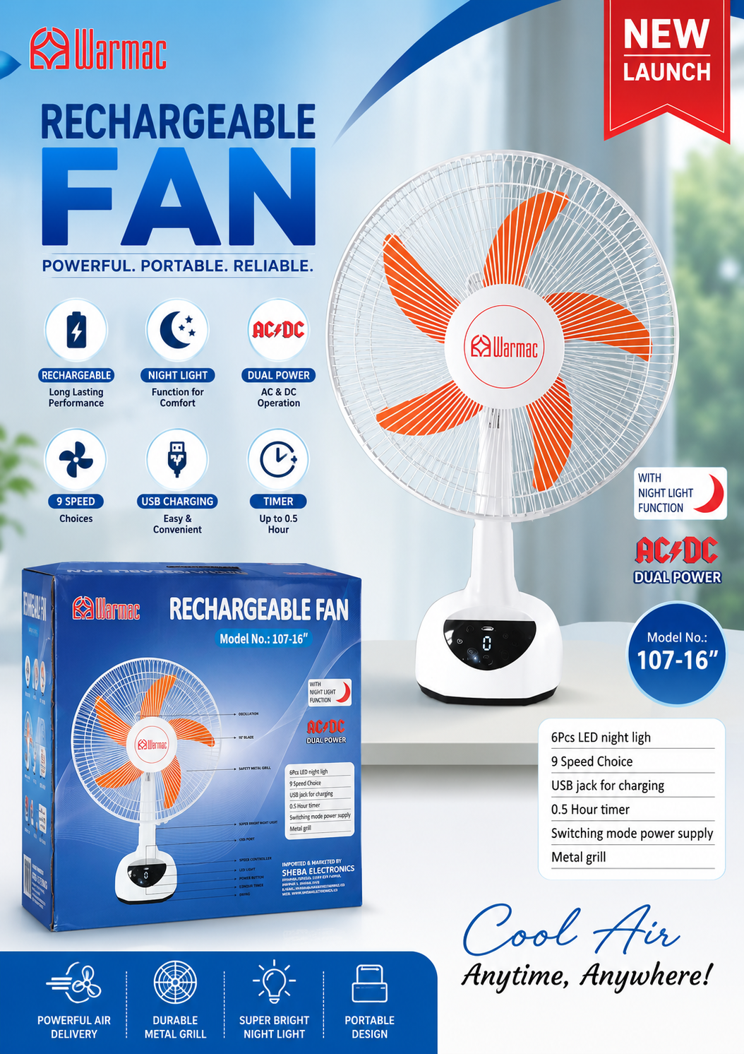WARMAC Rechargeable Fan Model 106-16” Inch AC/DC Power - Thumbnail 4