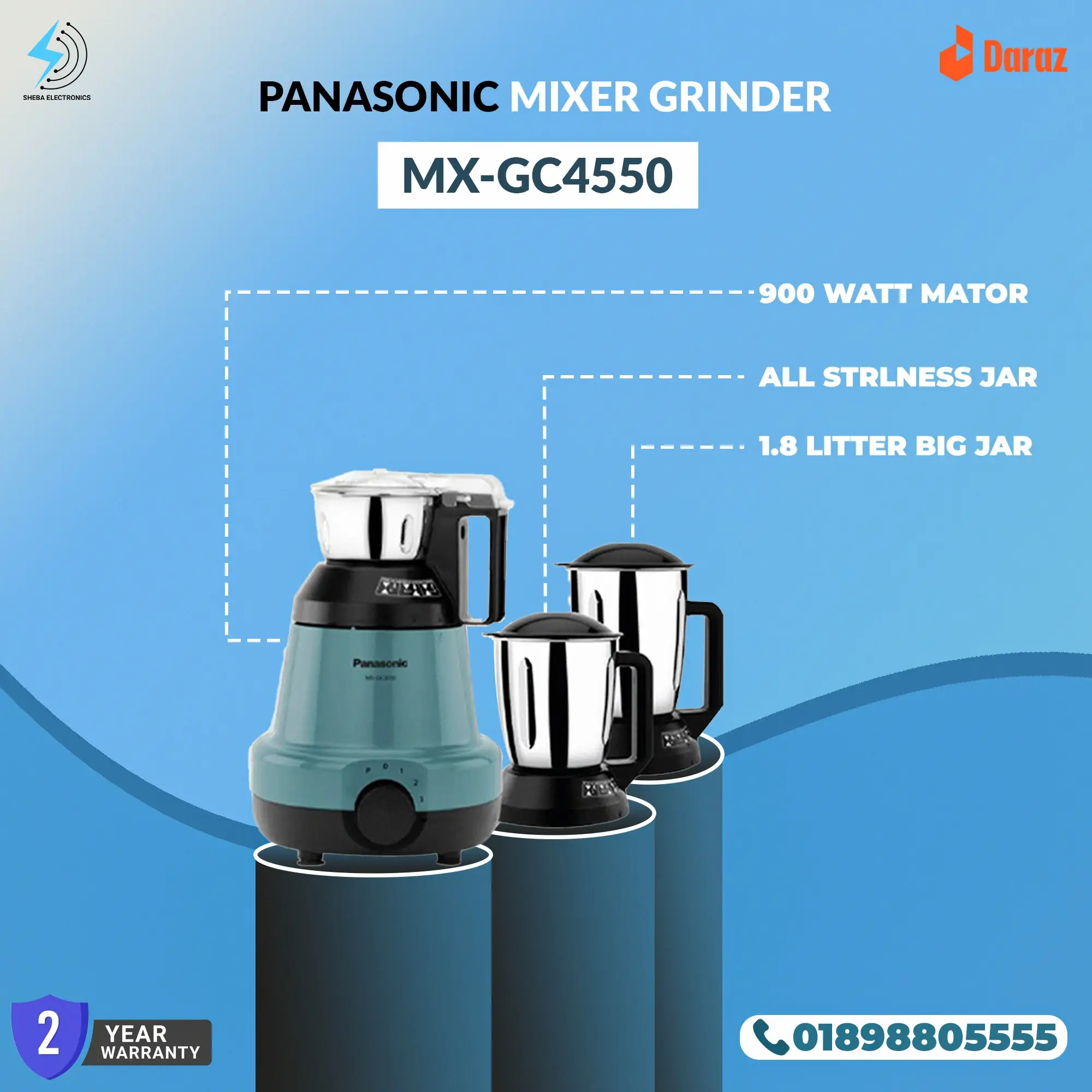 Panasonic Mixer Grinder MX-GC4550 900 Watts – Coral Blue (4-in-1) - Thumbnail 4