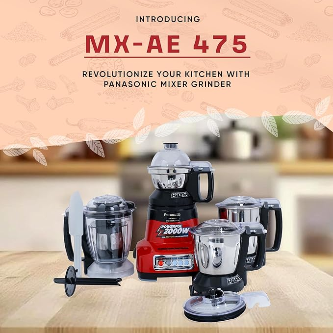 Panasonic MX-AE475 Mixer Grinder – Monster 2000W Super Mixer Grinder with 3 Stainless Steel Jars & Juicer Extractor (Red) - Thumbnail 4