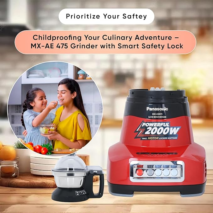 Panasonic MX-AE475 Mixer Grinder – Monster 2000W Super Mixer Grinder with 3 Stainless Steel Jars & Juicer Extractor (Red) - Thumbnail 2