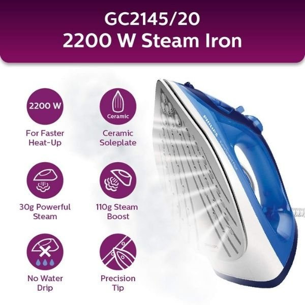 Philips GC2145/20 Easy-Speed Steam iron Ceramic soleplate 2200W Blue - Thumbnail 4