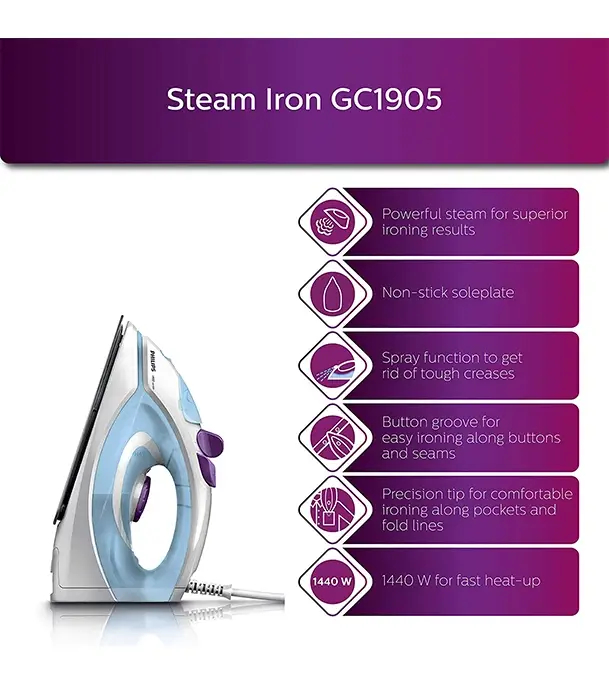 Philips GC1905/40 1440-Watt Steam Iron with Spray - Thumbnail 4