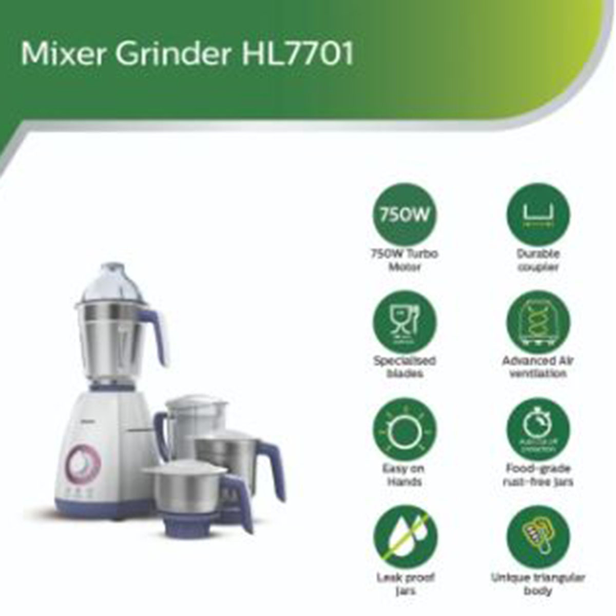 Philips Mixer Grinder HL7701/00 , 750 Watts, 4 Jars (Elegant Lavender and White - Thumbnail 3
