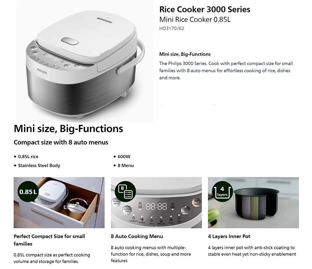 Philips Rice Cooker HD3170 Mini Size 3000 Series Mini – Big Functions - Thumbnail 3