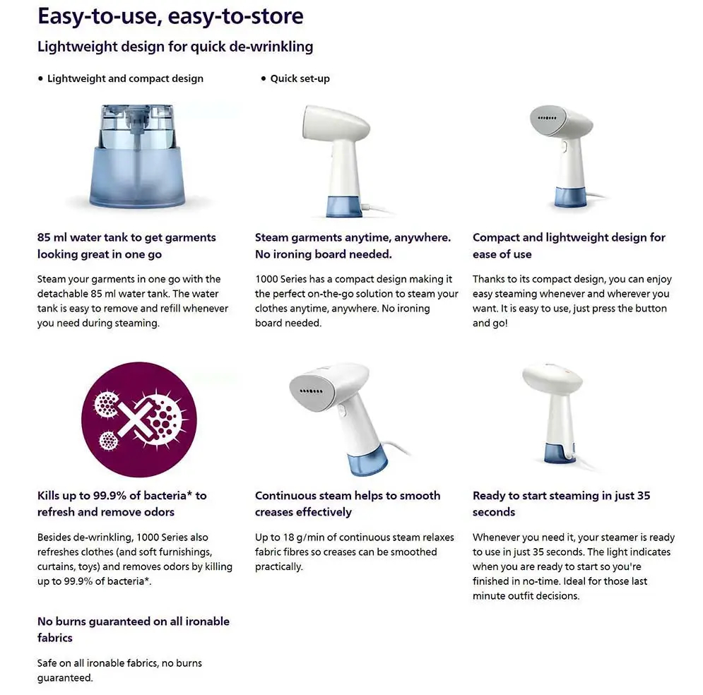Philips Handheld Steamer STH1000 – Compact, Quick & Easy Garment Care 1000 Series - Thumbnail 5