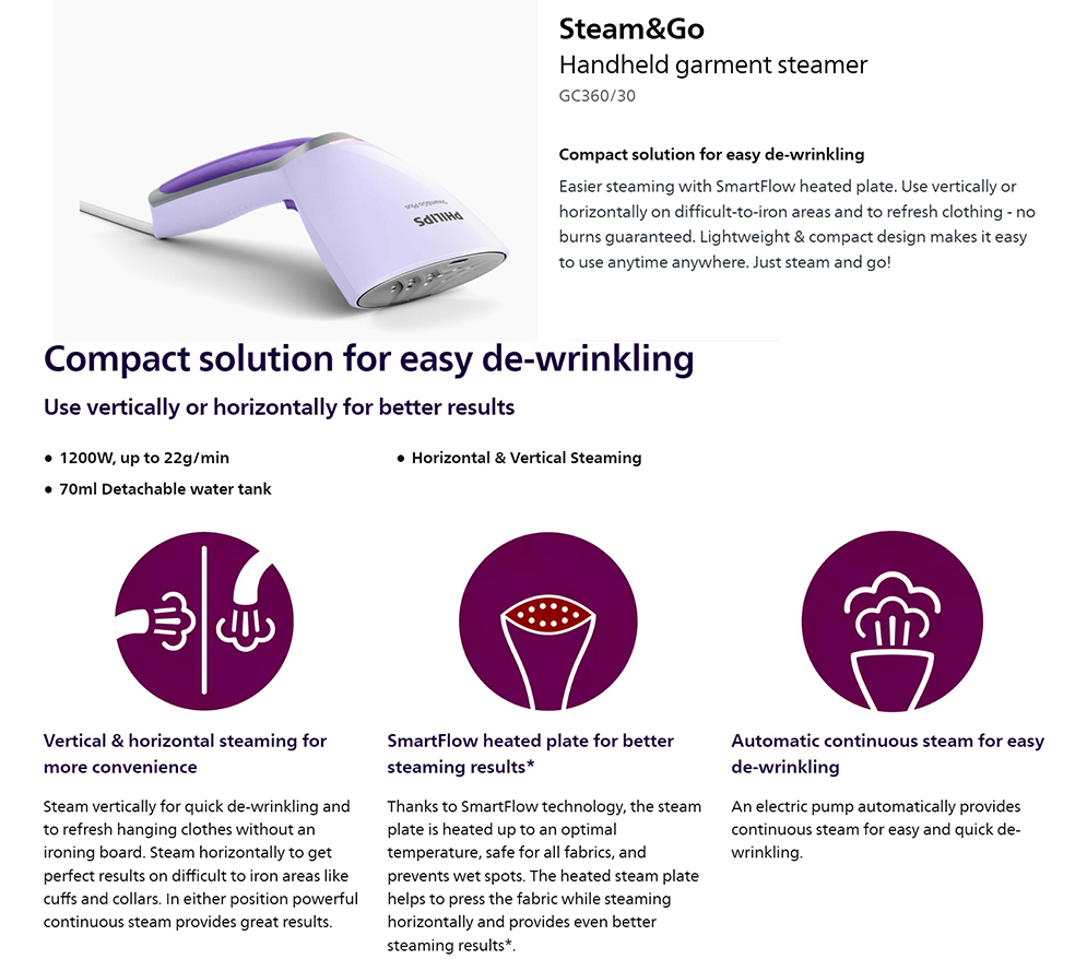 Philips GC360/30 Handheld Garment Steamer Vertical & Horizontal Steaming, 1200 Watt. - Thumbnail 3
