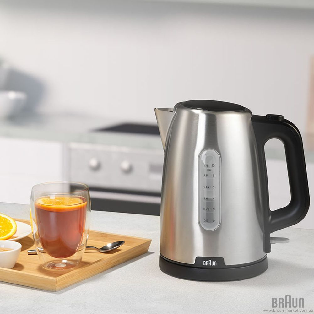 Braun WK1500 Electric Kettle PurShine , 2200 Watts, 1.7L Capacity, Stainless Steel/Black - Thumbnail 2