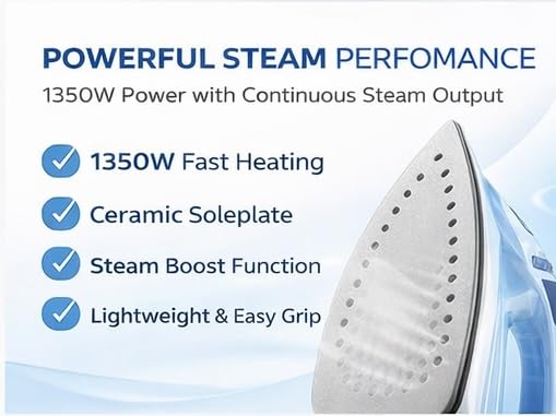 Philips Steam Iron DST1510/20 |  1350Watts | Ceramic Soleplate | 180g Steam Boost | Continuous Steam | Fast Heat Up | Drip Stop | Lightweight | Blue - Thumbnail 6