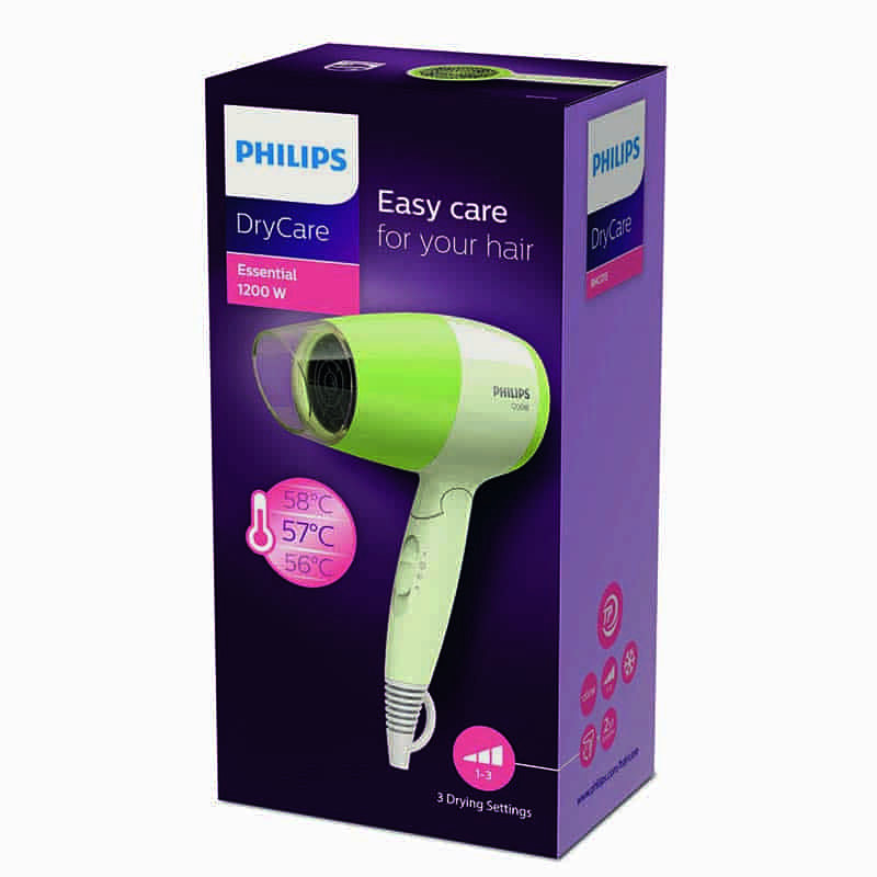 Philips Essential Hair Dryer BHC015– ThermoProtect 1200W | Compact, Foldable & Gentle Drying (Green) - Thumbnail 2