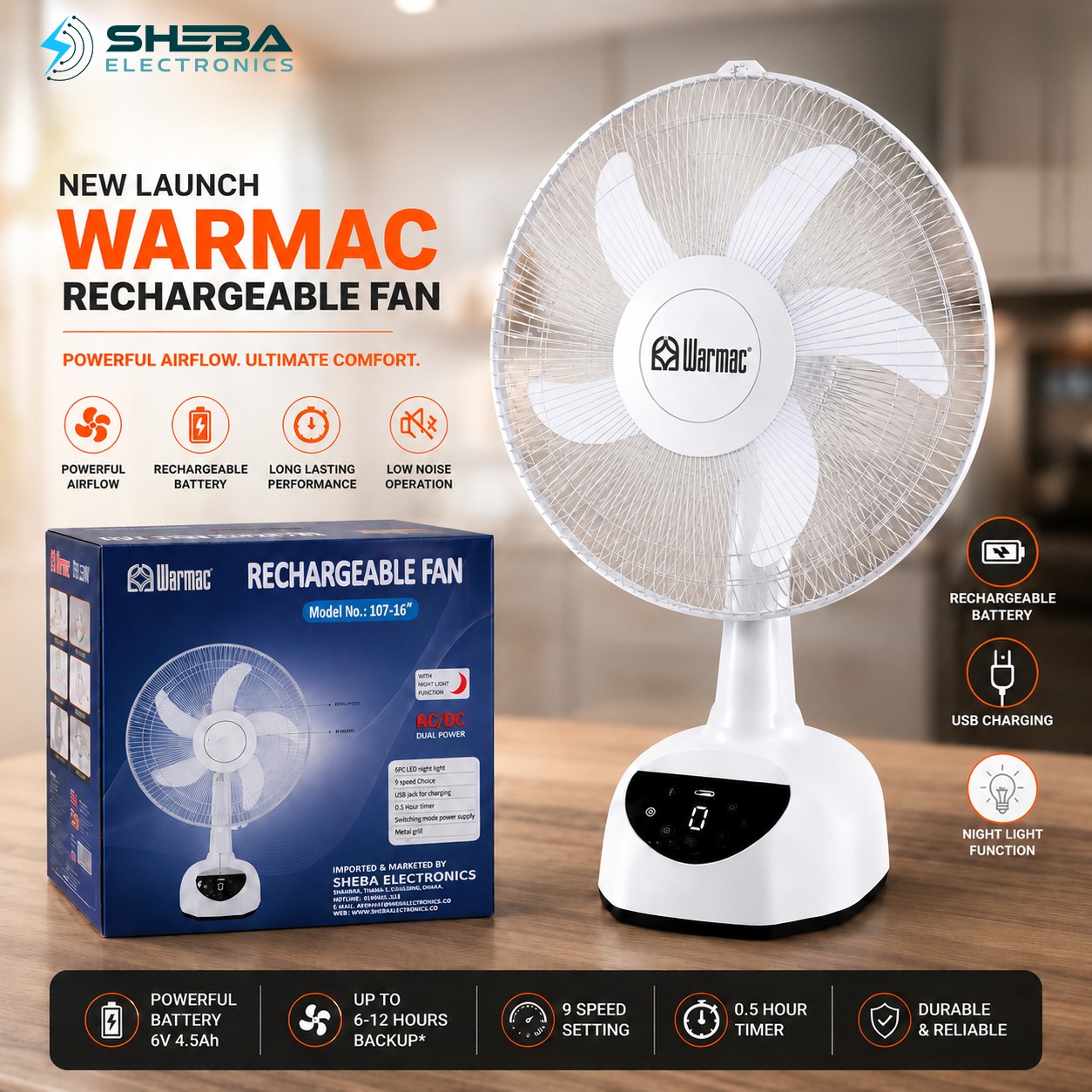 WARMAC Rechargeable Fan Model 106-16” Inch AC/DC Power